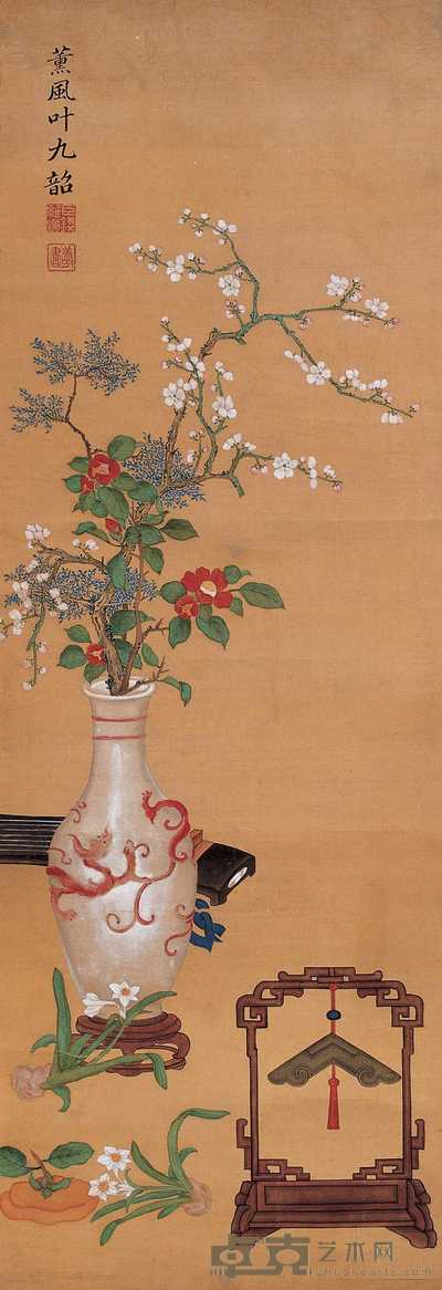 钱维城（款） 博古花卉 镜心 106×36.5cm